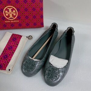 Tory Burch Croc-Embossed Gray Flats